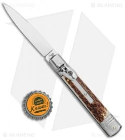 AKC 7.75" Slimline Lever Lock Clip Point Automatic Knife Stag Horn (3.3" Satin) -Italian Blade Shop AKC 7.5in Slimline LL Auto Stag Horn Satin Flat BHQ 122385 jr bottlecap