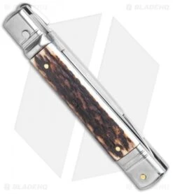 AKC 7.75" Slimline Lever Lock Clip Point Automatic Knife Stag Horn (3.3" Satin) -Italian Blade Shop AKC 7.5in Slimline LL Auto Stag Horn Satin Flat BHQ 122385 jr side
