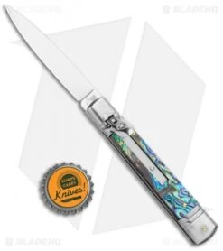 AKC 7.75" Slimline Lever Lock Clip Point Automatic Knife Abalone (3.2" Satin) -Italian Blade Shop AKC 7.75in Slimline LL Auto Abalone Satin Flat BHQ 122384 jr bottlecap