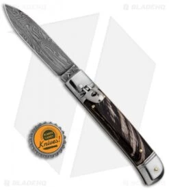 AKC Classic 8" Lever Lock Automatic Italian Knife Dark Horn (3.2" Damascus) -Italian Blade Shop AKC Classic 8in LL Dark Horn Damascus Flat BP 30457 jr bottlecap