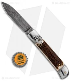 AKC Classic 8" Lever Lock Automatic Italian Knife Stag (3.2" Damascus) -Italian Blade Shop AKC Classic 8in LL Stag Horn Damascus Flat BP 30458 jr bottlecap