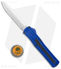 AKC F-20 D/A Spear Point OTF Automatic Knife Blue Aluminum (3.6" Satin) -Italian Blade Shop AKC F 20 DA Dagger OTF Auto Blue Satin BHQ 140833 jr bottlecap
