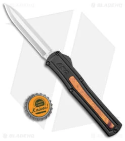 AKC F-20 D/A Dagger OTF Automatic Knife Black W/ Wood Inlay (3.5" Satin ) -Italian Blade Shop AKC F 20 DA SP OTF Auto Black Wood Inlay Satin BHQ 152445 jr bottlecap