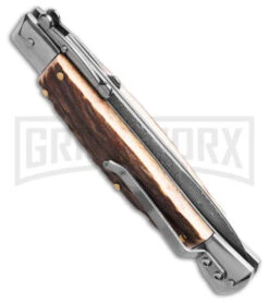 AKC Automatic Swinguard 9" Stag Bayonet Blade - Damascus Plain 7 AKC Automatic Swinguard 9" Stag Bayonet Blade - Damascus Plain -Italian Blade Shop AKC Stiletto Swinguard Automatic Knife Stag Horn w Sheath 4in Damascus Bayo BHQ 189377 hd side large