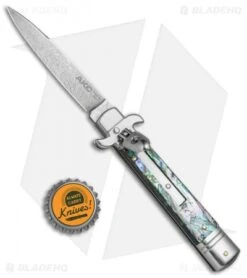AKC Leverletto 8" Automatic Italian Stiletto Abalone (3.25" Damascus) -Italian Blade Shop AKC Swinguard 8in Italian Stiletto Abalone Damascus BHQ 77548 jr bottlecap
