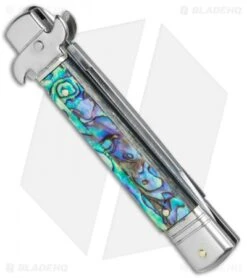 AKC Leverletto 8" Automatic Italian Stiletto Abalone (3.25" Damascus) -Italian Blade Shop AKC Swinguard 8in Italian Stiletto Abalone Damascus BHQ 77548 jr side