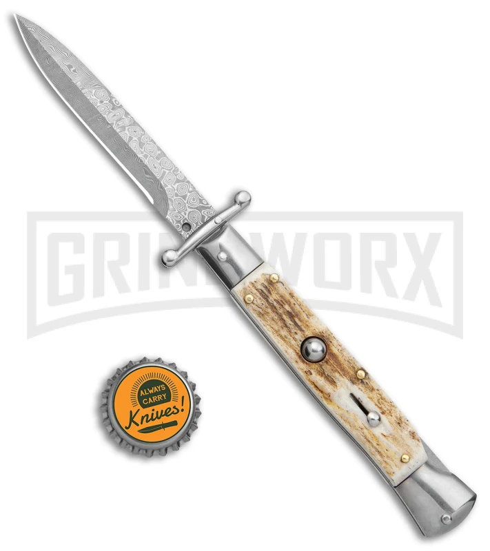 Automatic Italian Style Swinguard 9" Stag - Damascus Bayonet Blade 6 Automatic Italian Style Swinguard 9" Stag - Damascus Bayonet Blade - Image 4