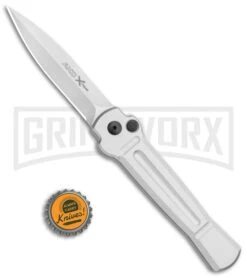 AKC X-treme Ace Silver Automatic Knife - Satin Plain -Italian Blade Shop AKC X treme Ace Auto Silver Satin BHQ 113920 jr bottlecap large