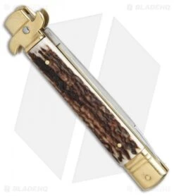 AKC Leverletto 9" Lever Lock Auto Italian Knife Brass/Stag Horn (4" Satin) -Italian Blade Shop AKC leverletto stag horn brass flat BP 18946 er side