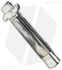 AKC Leverletto 7.5" Lever Lock Auto Italian Knife Brazilian (3.2" Satin Serr) -Italian Blade Shop leverletto brazil horn serrated side cm